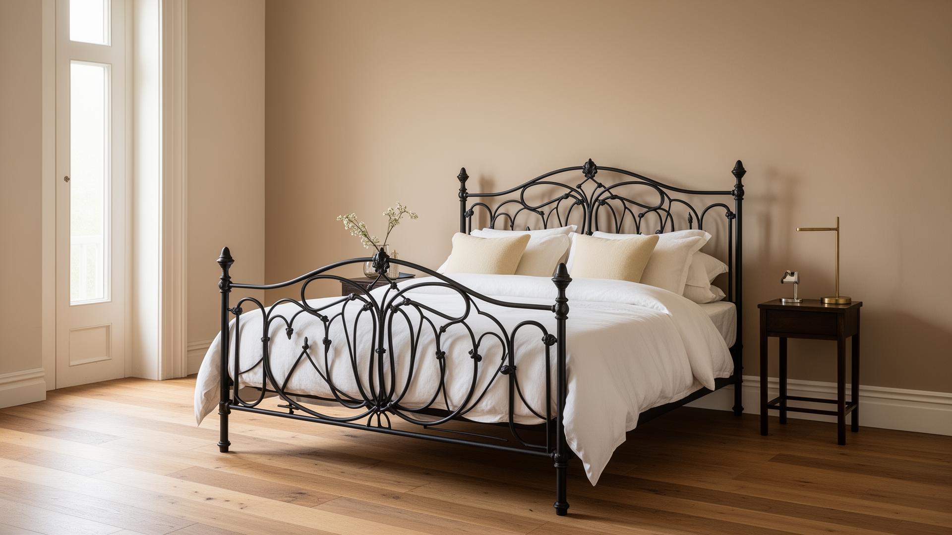 Elegant bedroom with handcrafted iron bed