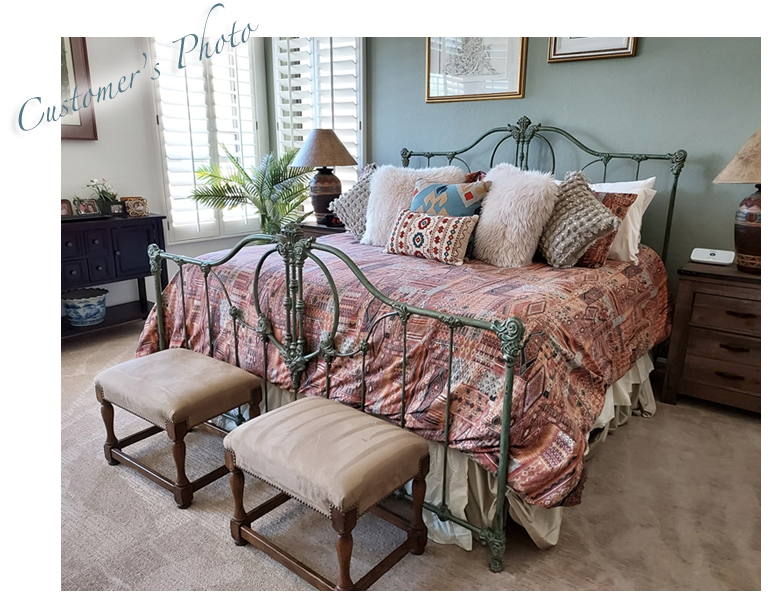 Ruth's beautiful bedroom with green patina iron bed