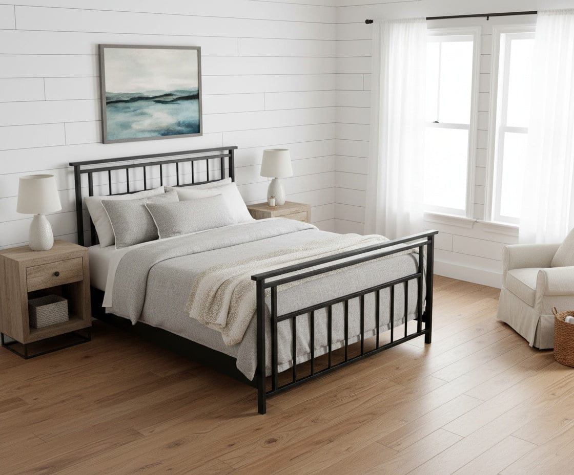 Aspen handcrafted iron bed frame with clean vertical bars and classic silhouette in a hand-applied finish