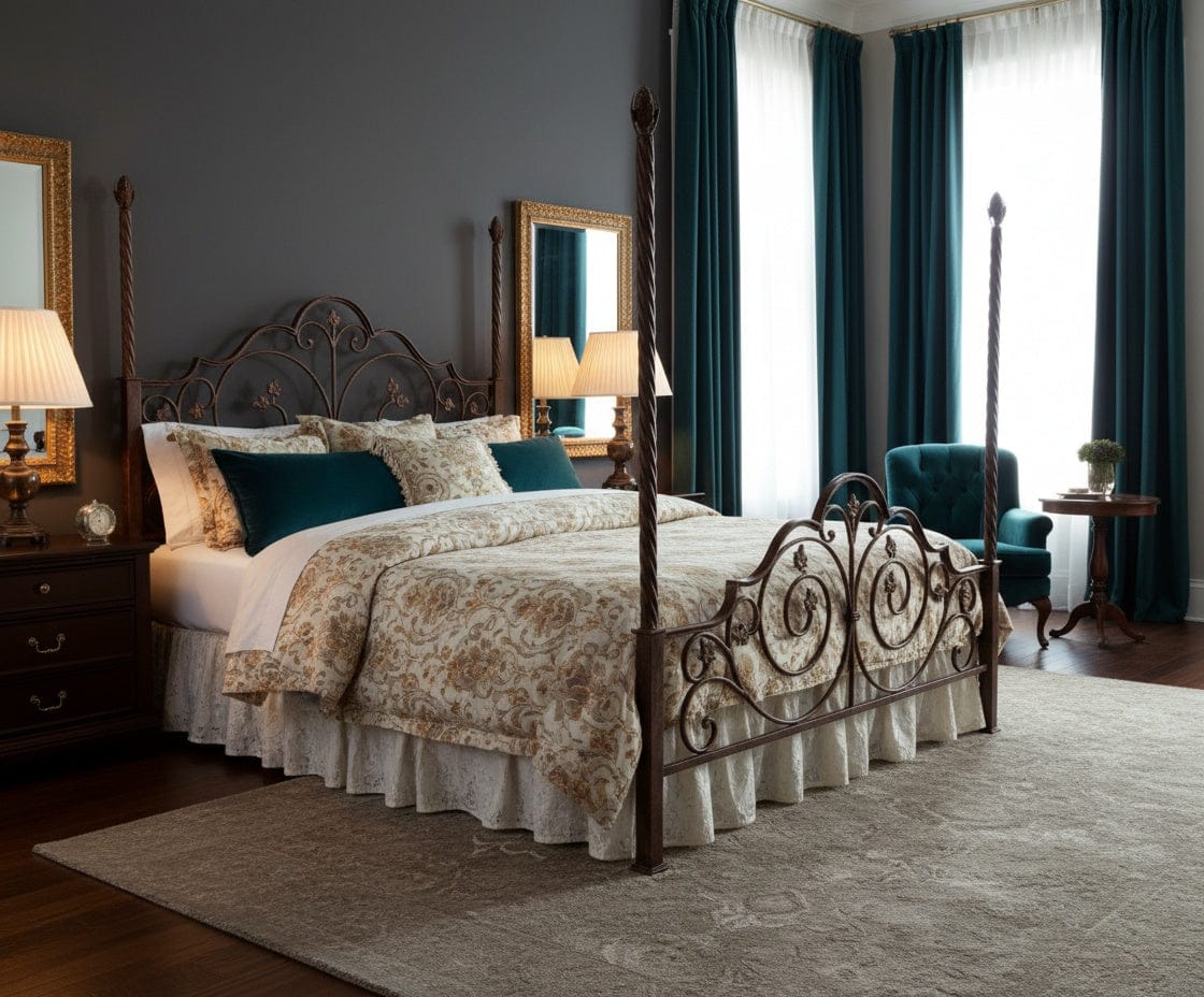 Chartres Four Poster handcrafted iron bed with ornate scrollwork and twisted four-poster uprights
