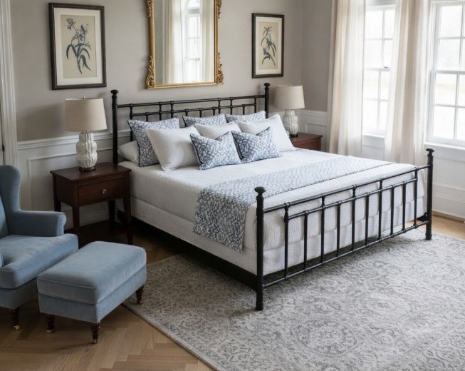Handcrafted king iron bed frame with hand-applied finish in a spacious master bedroom
