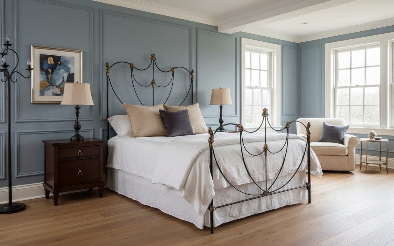 Marguerite handcrafted iron bed frame showcasing elegant hand-applied finish and ornate decorative castings