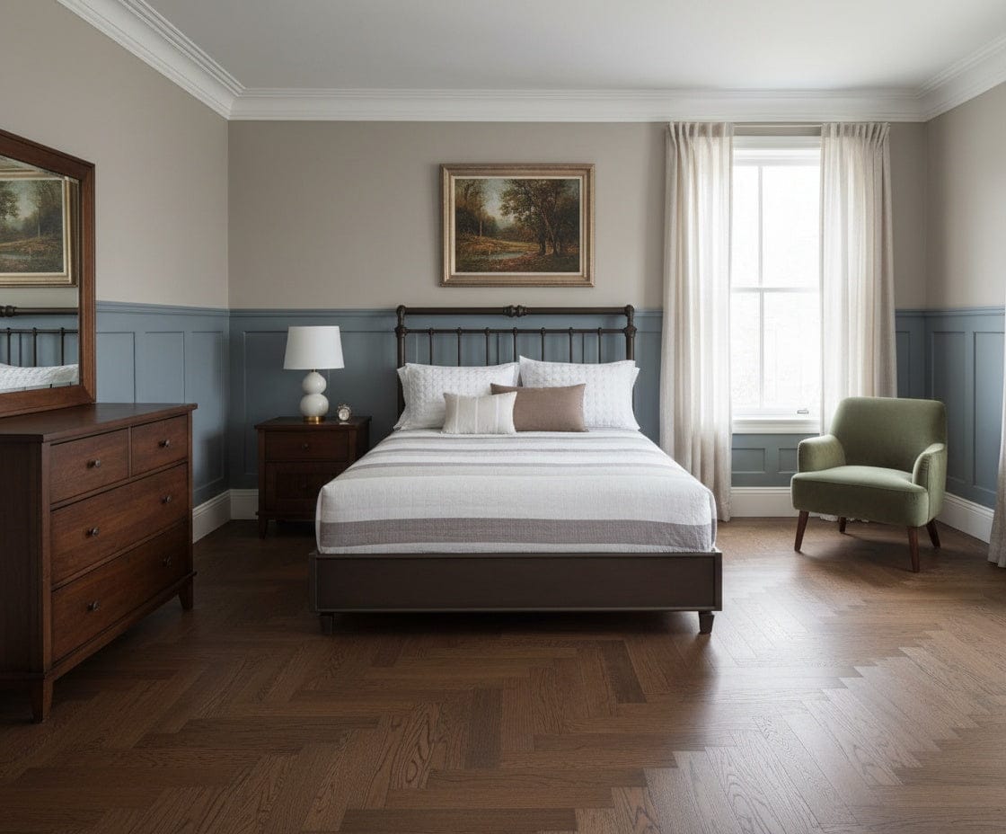 Sheffield Surround iron bed with open metal headboard, slender bars, and sleek low-profile frame in a refined bedroom setting