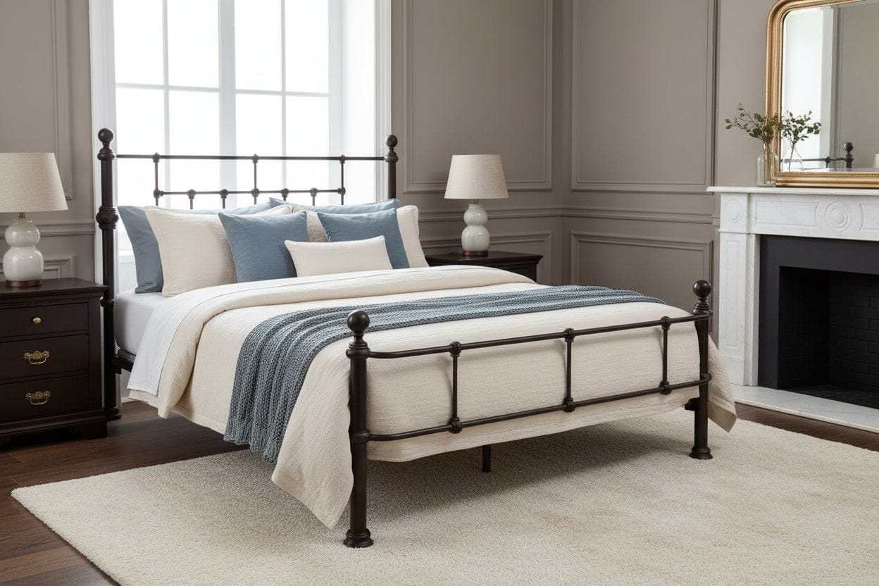 Brighton iron bed with refined grid of slender bars, turned posts, and spherical finials in a transitional bedroom setting