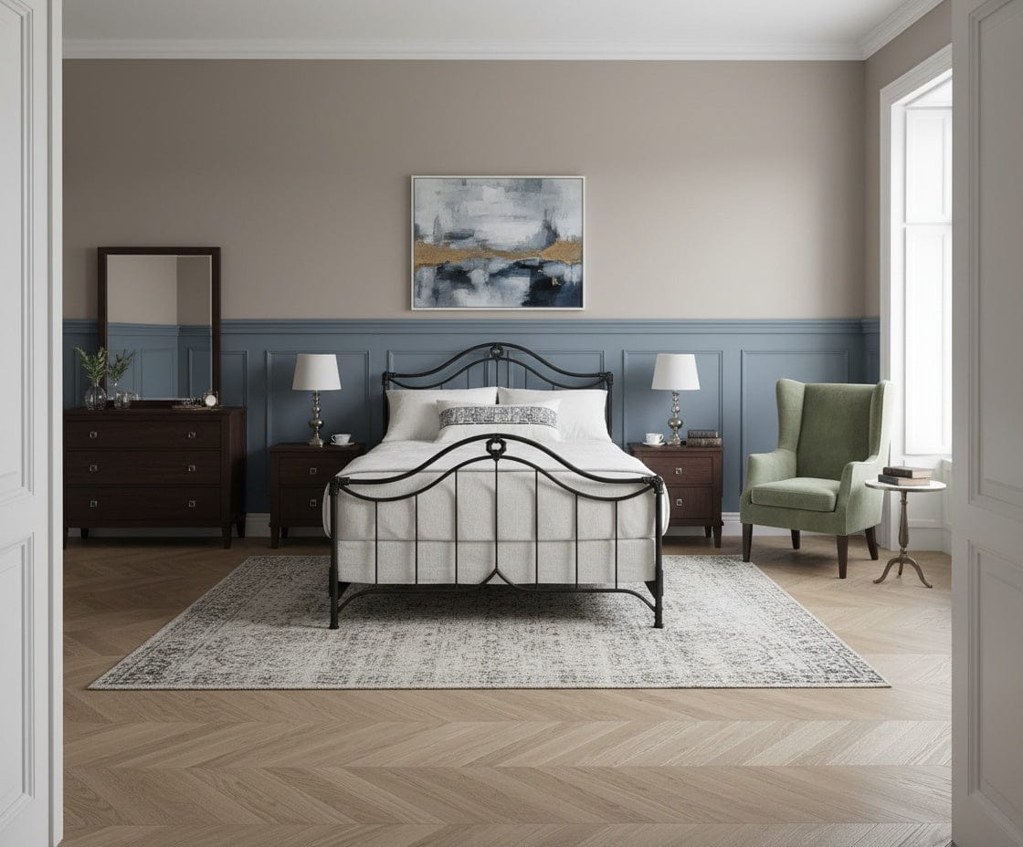 Montgomery handcrafted wrought iron bed with gracefully curved headboard and footboard, ornate medallions, and hand-applied finish