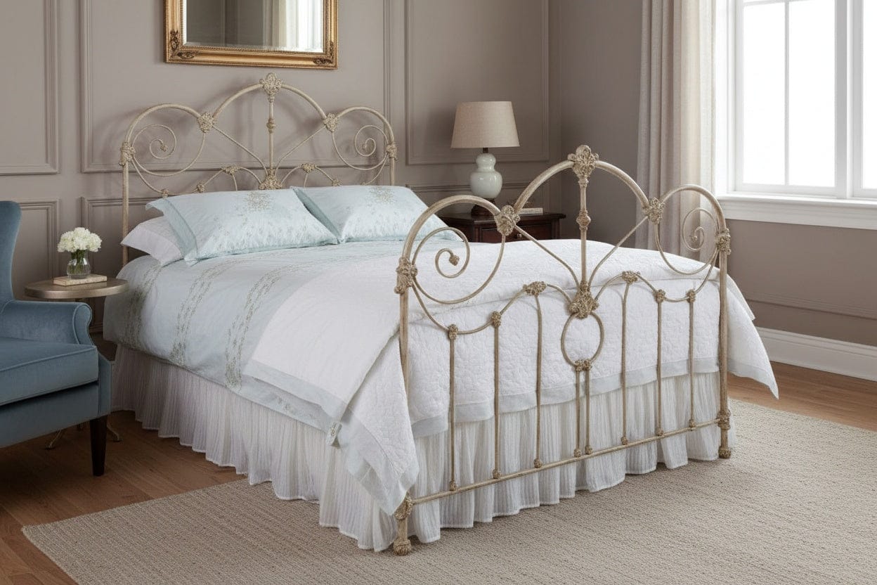 Portland handcrafted iron bed with hand-applied finish in a styled bedroom