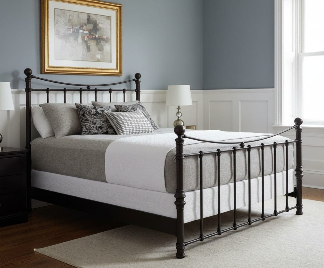 Quati iron bed with curved headboard and vertical bars, showcasing handcrafted iron construction for industrial and rustic bedrooms